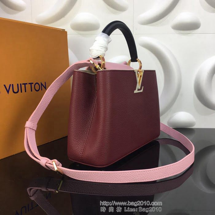 路易威登LV 頂級原單 M94517酒紅配粉 Capucines小號手袋 全粒面Taurillon皮革 經典時尚手提肩背斜挎包  YDH2361